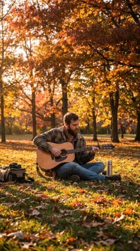 Man Playing Guitar in Autumn Park During Golden Hour.