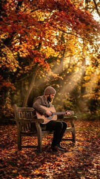 Man Playing Guitar on a Bench Surrounded by Autumn Leaves and Sunbeams.