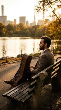 Man Sitting on Park Bench Overlooking City Skyline in Autumn.