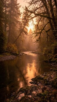 Misty Forest River at Sunrise with Golden Light Filtering Through Trees.