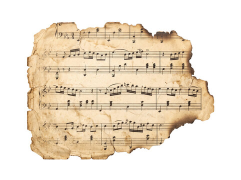 Aged sheet music fragment with burnt edges and musical notes on yellowed parchment paper, capturing a nostalgic historical atmosphere for scrapbooking and vintage music design.