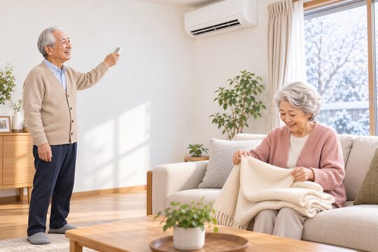 冬の寒さ対策で暖房と毛布を準備する日本人シニア夫婦