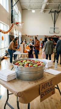 Apple bobbing station prepared for a community Halloween event