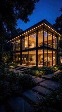 Modern Glass House Illuminated at Night Surrounded by Lush Forest.
