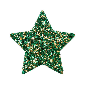 Green and gold glitter star cutout featuring festive holiday sparkle and shimmer, ideal design element for Christmas greeting card and St. Patrick's Day party invitation.