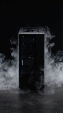 Mysterious Black Computer Tower Emitting Smoke on Dark Background.