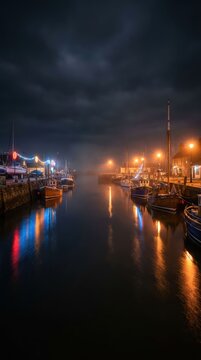 Nighttime Harbor Scene with Colorful Reflections on Water.