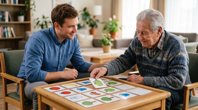 Senior man playing memory matching game with caregiver