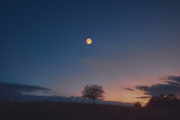 Full Moon, stars and planets above landscape silhouettes in blue hour time. © astrosystem