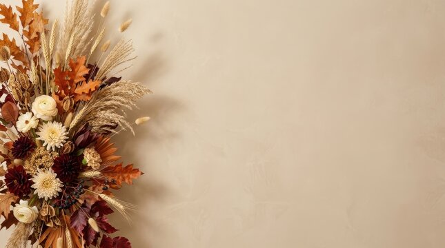 Elegant autumn floral arrangement featuring white chrysanthemums and dry grasses