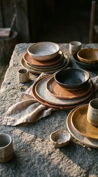 Rustic Ceramic Dinnerware Set on Textured Tabletop.