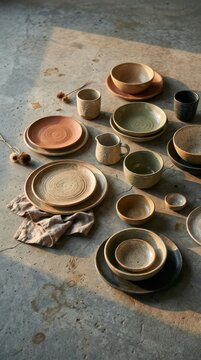 Rustic Ceramic Dinnerware Set on Textured Concrete Surface.