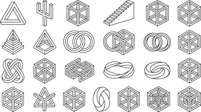 Set of black and white line art illustrations featuring various impossible geometric shapes and optical illusions objects