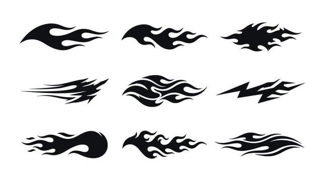 Flame decal. Fire abstract black silhouette flames for race car or tattoo. Tribal flame hotrod car vinyl decals and motorcycle airbrush stencil.