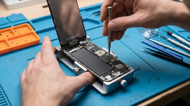 Technician using pry tool to repair disassembled smartphone