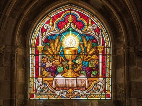 A vibrant stained glass window in a stone arch depicts a golden chalice and a radiant host on an altar, surrounded by wheat, grapes, and flowers in rich jewel tones