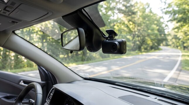 Black dash camera mounted on car windshield facing road