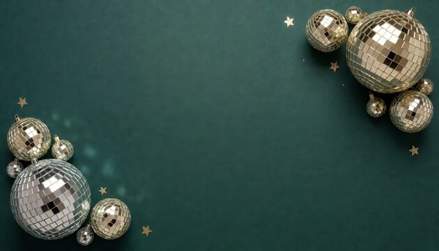Decorative golden and silver disco balls and small stars on a deep green background, border