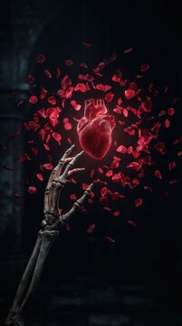 Skeleton Hand Holding a Blooming Heart Surrounded by Red Rose Petals.