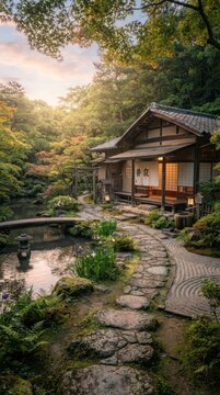 Tranquil Japanese Garden with Traditional House and Stone Path.