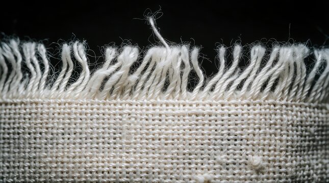 Frayed white linen fabric edge with loose threads on black background