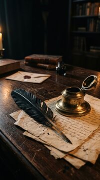 Vintage Quill Pen and Inkwell on a Desk with Old Documents 1.