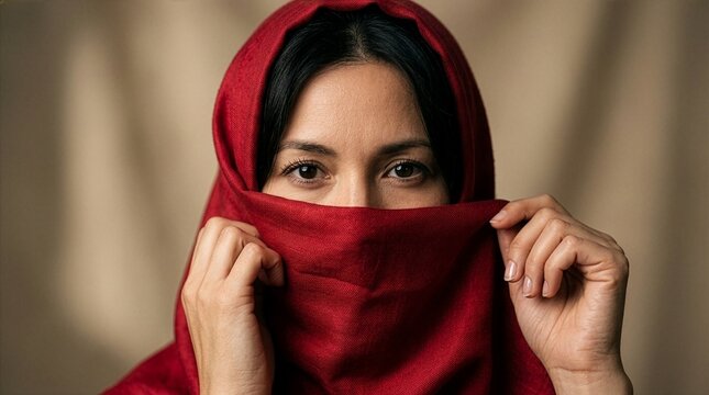 Portrait of a beautiful middle-eastern woman with dark hair wearing a vibrant red veil covering her face, looking at the camera against a neutral studio background.
