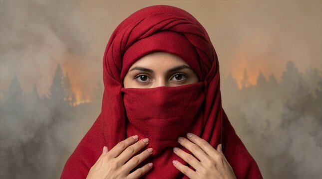 Portrait of a middle-eastern woman wearing a vibrant red niqab or hijab covering her face, looking at camera against a smoky background depicting a dramatic forest wildfire.