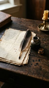 Vintage Quill Pen and Inkwell on Old Paper with Candle.