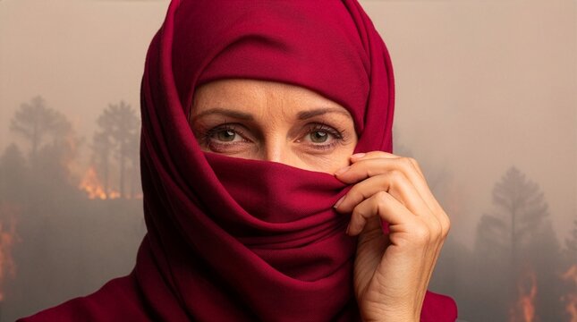 Portrait of a middle-eastern woman with expressive eyes wearing a dark red niqab or hijab, looking at camera against a smoky background depicting a dramatic forest wildfire.