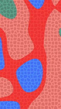 Abstract colorful mosaic pattern with organic shapes in red, blue and green tones.