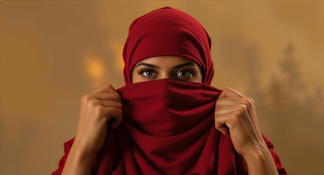 Portrait of a beautiful middle-eastern woman with expressive eyes wearing a dark red niqab or hijab covering her face, looking at camera against a warm textured background.