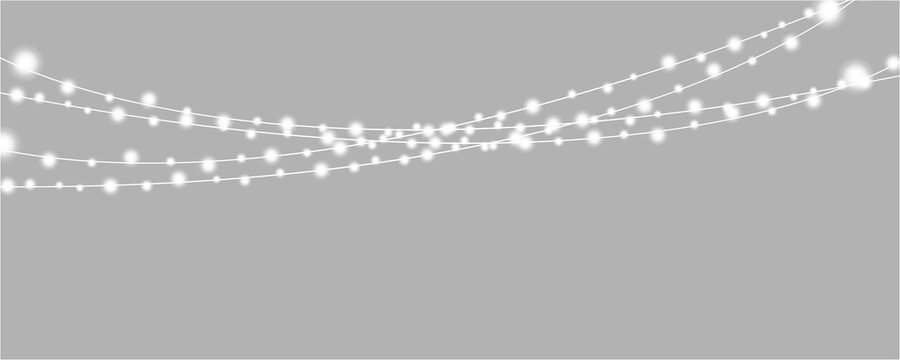 Glowing white fairy lights hanging on strings for holiday decor