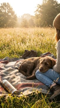 Woman and Dog Enjoying a Peaceful Picnic in a Sunlit Meadow.
