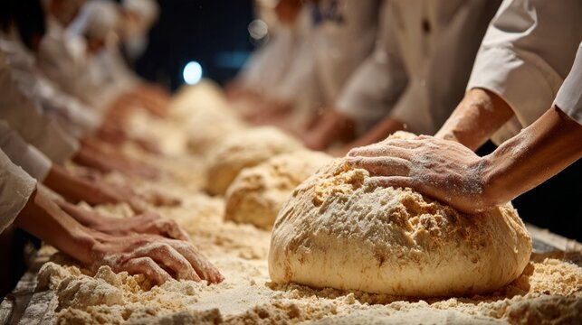 bakers in white uniforms knead dough on a long wooden table