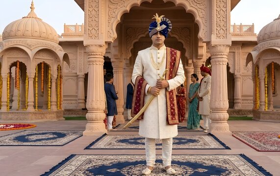 Panoramic Horizontal 16:9 Full Shot of an Indian Groom in a Royal Sherwani, Blue Turban with Kalgi, and Holding a Gold Sword, Standing in a Palace Venue