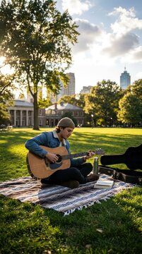 Young Man Playing Acoustic Guitar in Sunny Park on Blanket.