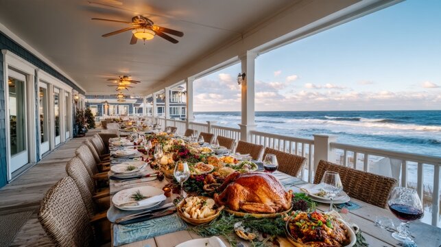 a long banquet table set for dinner overlooking the ocean