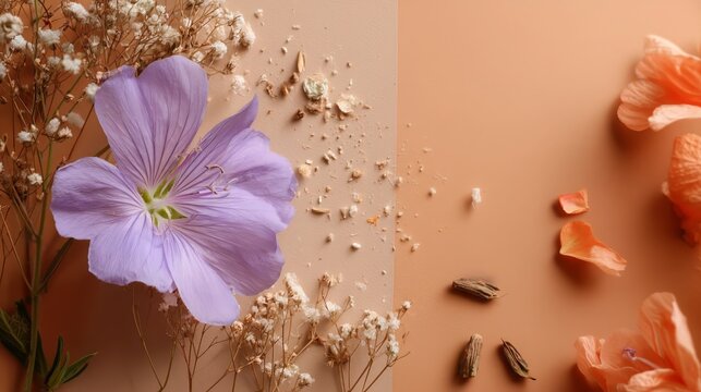 Purple Flower with Dried Petals on Two Tone Beige Background