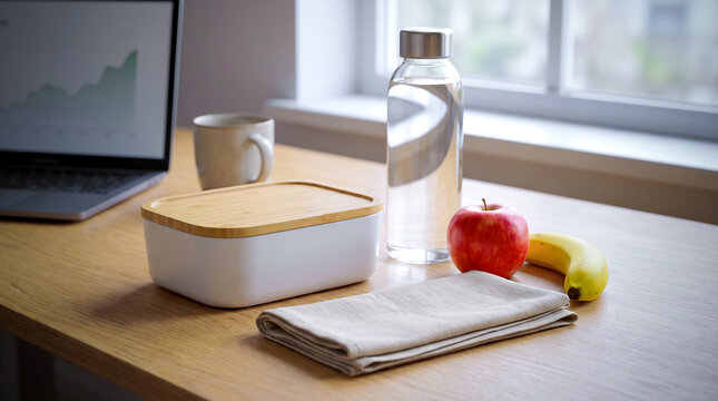 There is a laptop on a wooden table, on the screen of which financial charts are displayed. There is a mug and a lunch container nearby. A bottle of water, an apple and a banana add freshness to the d