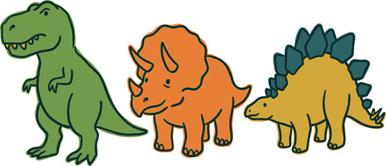 Hand drawn cartoon dinosaurs, t-rex triceratops stegosaurus, prehistoric animals for kids, vector. © Rokeya