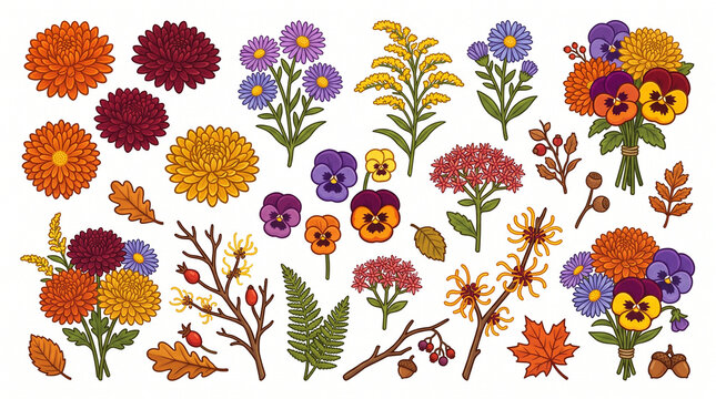 Autumn fall flowers and botanical vector set with chrysanthemums asters pansies and foliage isolated on white background