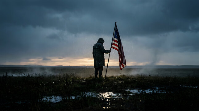 Silhouette of a person holding an american flag against a dramatic sunset sky