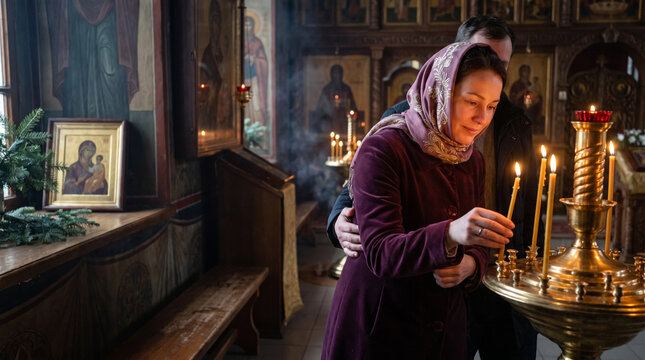 Woman lighting candles in a church with support from a man  