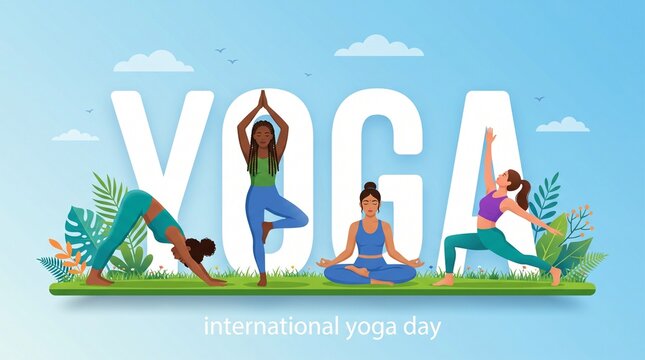 Four people practicing yoga poses outdoors on grass