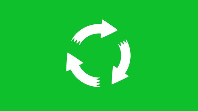 White Circular Recycling Arrows Animation on Green Background 4k video animation.