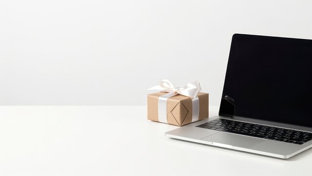 Laptop computer with a wrapped gift box on white desk