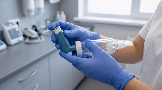 close-up of a respiratory clinician preparing a metered-dose inhaler and spacer for a supervised pulmonary function assessment, gloved hands checking the mouthpiece and chamber
