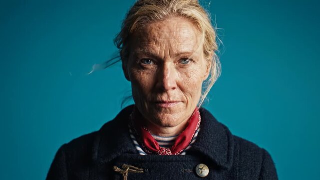 Portrait of blonde woman adjusting coat against teal studio background, intense direct gaze and windblown hair