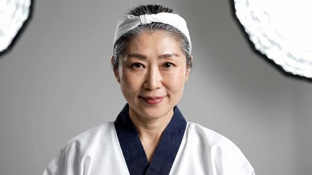Female sushi chef portrait against plain gray studio background with softbox lighting